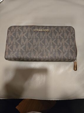Michael Kors Brown MK Logo Zip Wallet with Gold Hardware